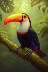 Colorful toucan perched on mossy branch amidst vibrant jungle fo