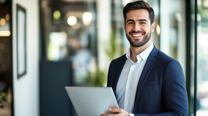 Fototapeta premium Portrait of smiling businessman holding laptop in modern office looking at camera and posing with confident smile while standing in front of glass door.
