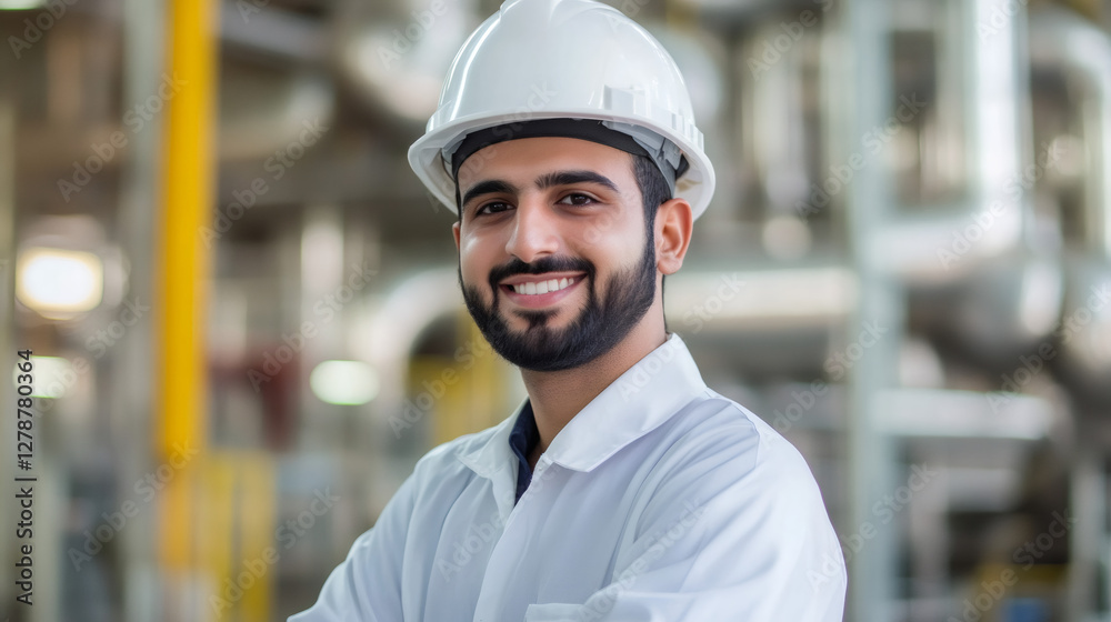 Poster portrait of a smiling industrial engineer wearing hardhat and lab coat with arms crossed in a factor