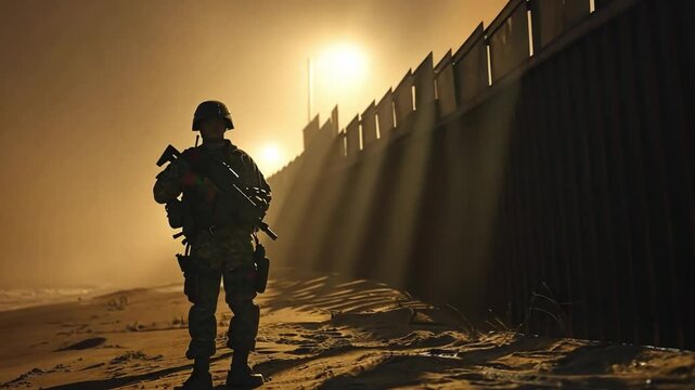 Soldier patrolling along the border wall during migrant crisis with low visibility and hazy atmosphere at night