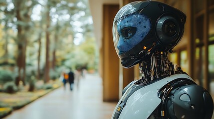 Fototapeta premium Futuristic robot with a detailed head and body standing in an outdoor location