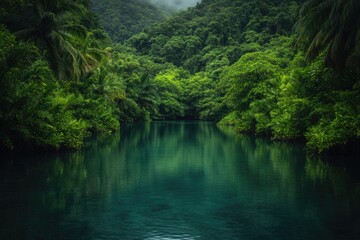 Lush greenery surrounds tranquil waters, creating serene natural