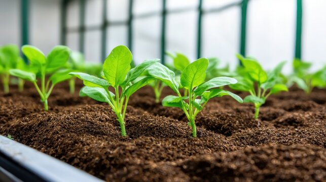 Coco Peat Moss Concept, Fresh Coco Peat Moss Spread Across Planting Table for Seedling Growth in a Greenhouse Environment