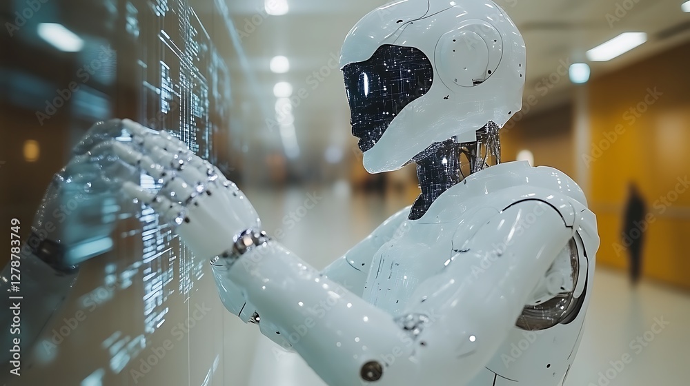 Poster futuristic robot interacting with transparent display in a modern setting
