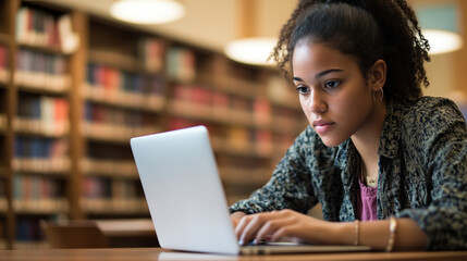 African American female student working on her laptop in library with focused and determined expression as she reads information online for research project