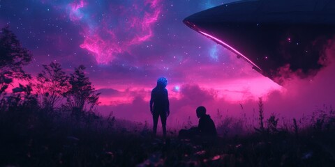 A Person Standing in a Lush Green Field Gazing at a Futuristic Spaceship in the Distance Under a Bright Blue Sky Evoking Wonder and Exploration