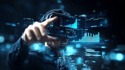 A person engages with a virtual reality environment using a VR headset, surrounded by digital data and graphics, highlighting advanced technology and immersive experiences.
