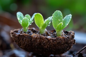 An enchanting close-up of seedlings with raindrops glimmering on their vibrant green leaves, symbolizing nourishment and the beauty of growth in fresh soil.