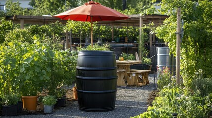 Obraz premium A rainwater harvesting system set up in a garden, featuring a barrel for collecting and storing rainwater.