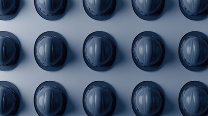 Aerial view of multiple hard hats arranged symmetrically on a clean, neutral background.