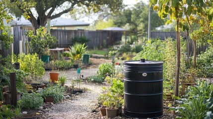 Obraz premium A rainwater harvesting system set up in a garden, featuring a barrel for collecting and storing rainwater.