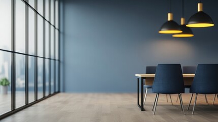 Fototapeta premium Modern interior design featuring a spacious dining area with sleek furniture and stylish lighting in a contemporary setting.