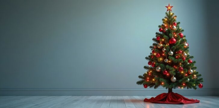 A Christmas tree with colorful ornaments and lights standing alone in a quiet room , solitary, lighting