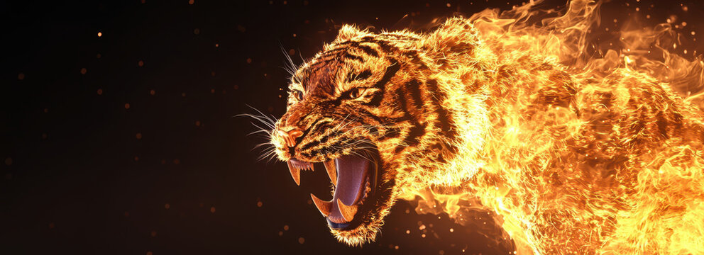 roaring tiger made of fire, showcasing intricate details and vibrant flames