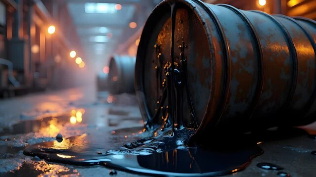 A spilled barrel leaks dark liquid on a wet floor in an industrial space illuminated by warm lights creating a dramatic and moody atmosphere