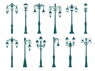 Old lanterns silhouettes. Vintage decorative street lamps. Retro lights. Town streetlights. Outdoor classic illumination. Electric lampposts. Urban landscape elements. Splendid vector set © VectorBum