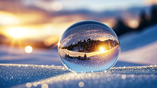 Crystal Ball Reflection of Snowy Landscape at Sunset Magical Winter Nature Scene with Trees