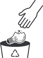 Isolated outline pictogram hand throw broken glass of bulb lamp on trash bin, icon electronic waste separation