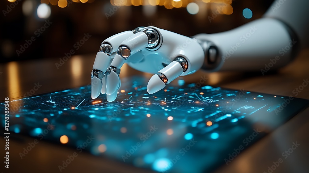 Poster artificial intelligence hand using a digital touch screen with circuit pattern and bokeh lights in t