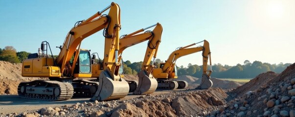 A group of excavators at work on a construction project, concrete mixing, excavation