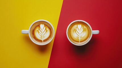 Two beautifully crafted lattes with intricate leaf designs on vibrant yellow and red backgrounds
