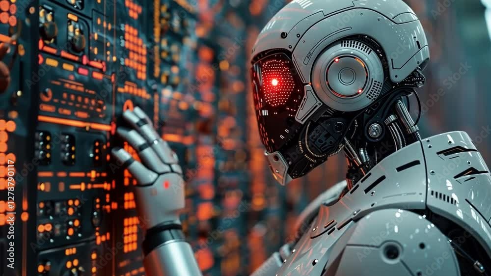 Poster advanced robot interacting with a digital control panel in a high-tech environment