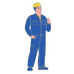 A worker in a yellow helmet and blue overalls stands with a thumbs up gesture. Illustration on transparent background