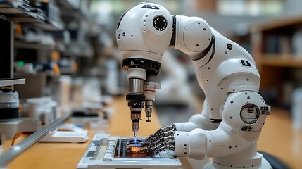 Robotic arm conducting precision work in a laboratory setting with focus on detailed machinery and technology