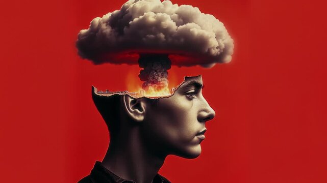 AI generated side closeup of face of young Caucasian man with nuclear bomb exploding inside his mind, with fire and mushroom cloud, on red background. Man scared of world war, worrying about future