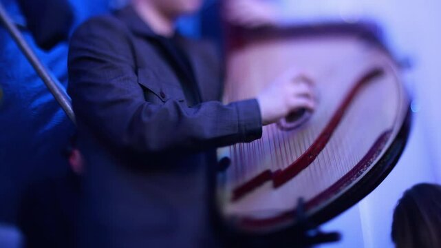 A man plays a traditional Ukrainian instrument at home. The musician plays the bandura.