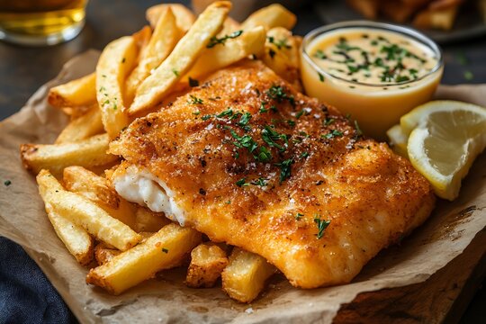 Crispy fish, chips, sauce, pub - Powered by Adobe