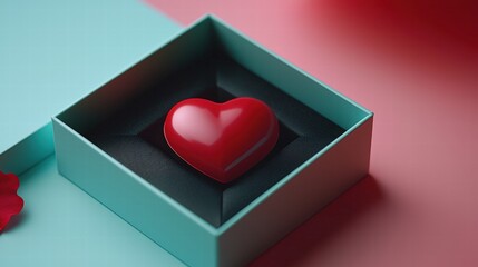 Bright red heart nestled inside a green box presenting a touch of love