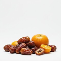 Obraz premium Dates and Oranges Fresh Fruit Still Life on White Background