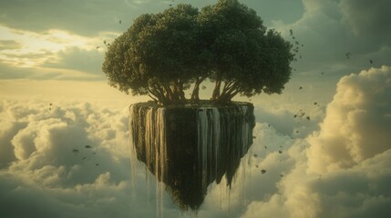 Lush Island with Trees Floating Above Clouds at Sunrise