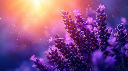 Fototapeta premium Lush bunch of lavender flowers against a bright sunlit background in nature