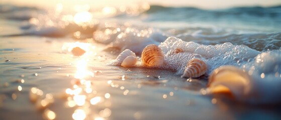 Seashells gather on a sunlit beach as waves gently wash over them, capturing a serene moment of nature's beachside beauty.