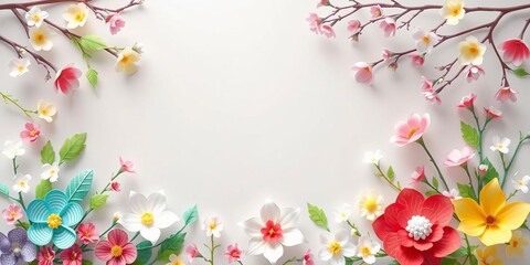 Spring flowers in intricate paper cut style, with vibrant colors and delicate details, against a white background ideal for seasonal decoration and nature themed events, delicate, events, seasonal