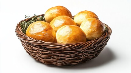 Bread basket filled with freshly baked rolls on a white background.