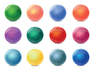 Colored glass marbles. Old kids game glossy balls. GUI app element. Multicolored spheres. Bright 3D bubbles. Geometric shiny shape. Plastic baubles. Pearl beads. Children toys vector set