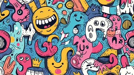 A playful cartoon-style pattern with quirky doodles
