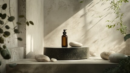 podium natural plant cosmetic mockup wellness products display. Serene Spa Product Display with Stones and Plants.