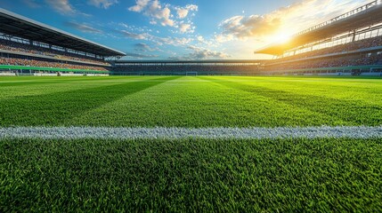 Fototapeta premium Expansive soccer field under a bright blue sky with fluffy white clouds and green grass