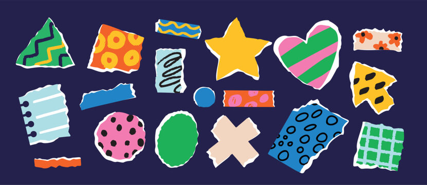 Naklejki Color paper cut pieces. Patterned parts of cardboard. Funny torn fragments. Scrapbooking collage. Hobby and creativity. Abstract doodle grunge stickers. Ripped notepad. Garish vector set