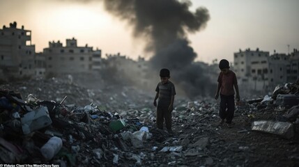 Children Walking Amidst War Debris and Smoke in Gaza Strip
