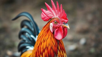 Vibrant rooster standing in a natural setting, poultry,