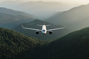 A large airplane flying over lush green hills and mountains during golden hour, highlighting aviation sustainability with biofuel technology and scenic aerial views of nature in a tranquil landscape.