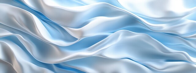 Fototapeta premium Elegant Flowing Silk Fabric in Gentle Waves of Light Blue and White, Captured in Detail