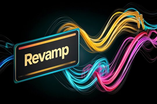 Vibrant design featuring the word "Revamp" with colorful waves on a dark background.