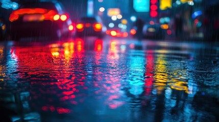 Fototapeta premium Reflection of city lights on wet pavement during a rainy night showcasing vibrant colors and a bustling urban atmosphere