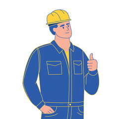 Portrait of a smiling worker in a white helmet and orange vest stands with hands on hips. Vector illustration isolated on the back ground